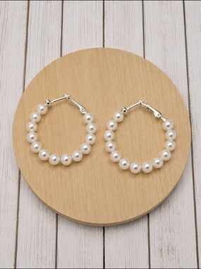 Pearl Beaded Hoop Earrings - White